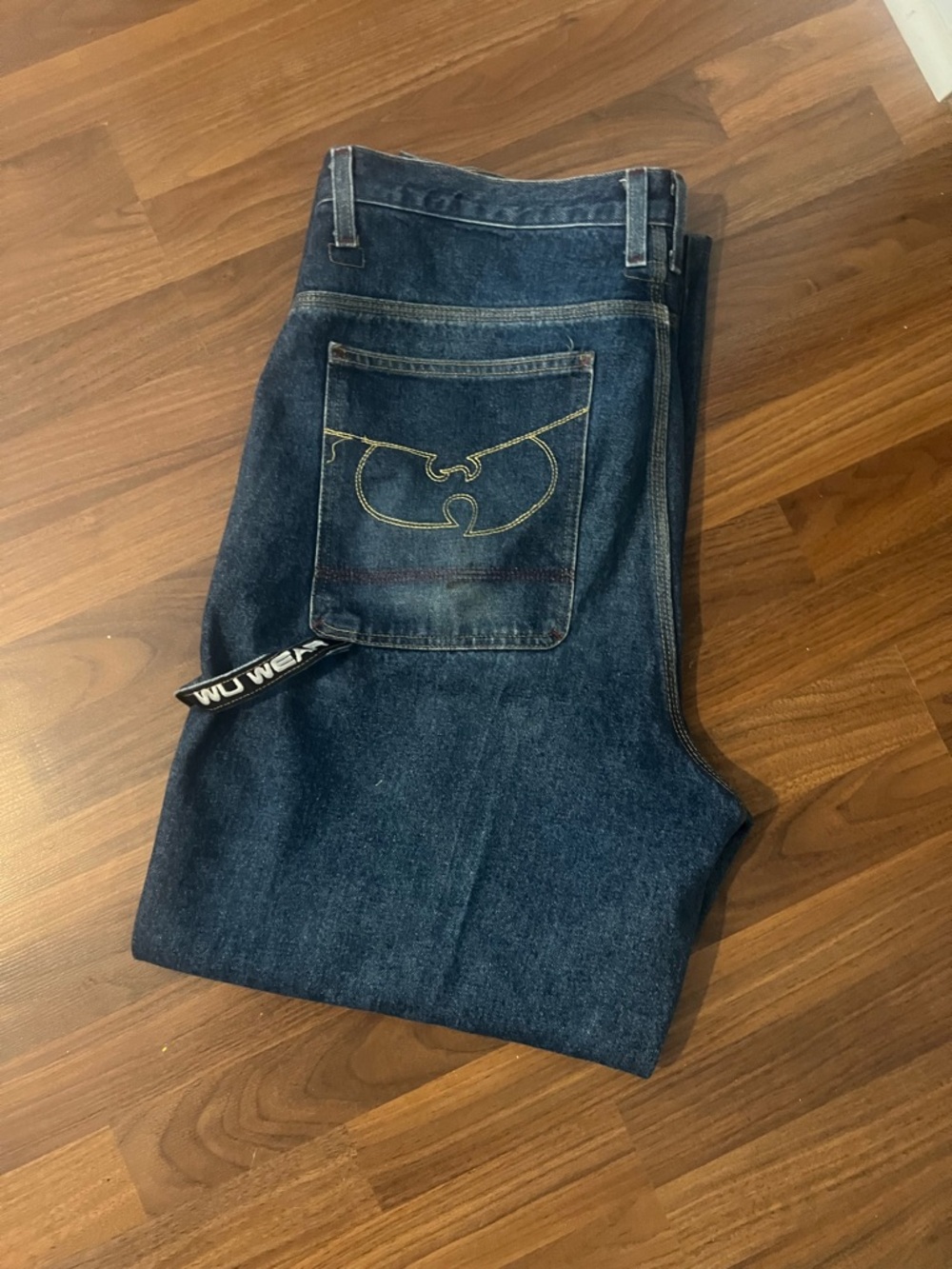 VINTAGE 90s WU WEAR Dark Blue Relaxed Men’s Jeans with Icon Pocket Stitch